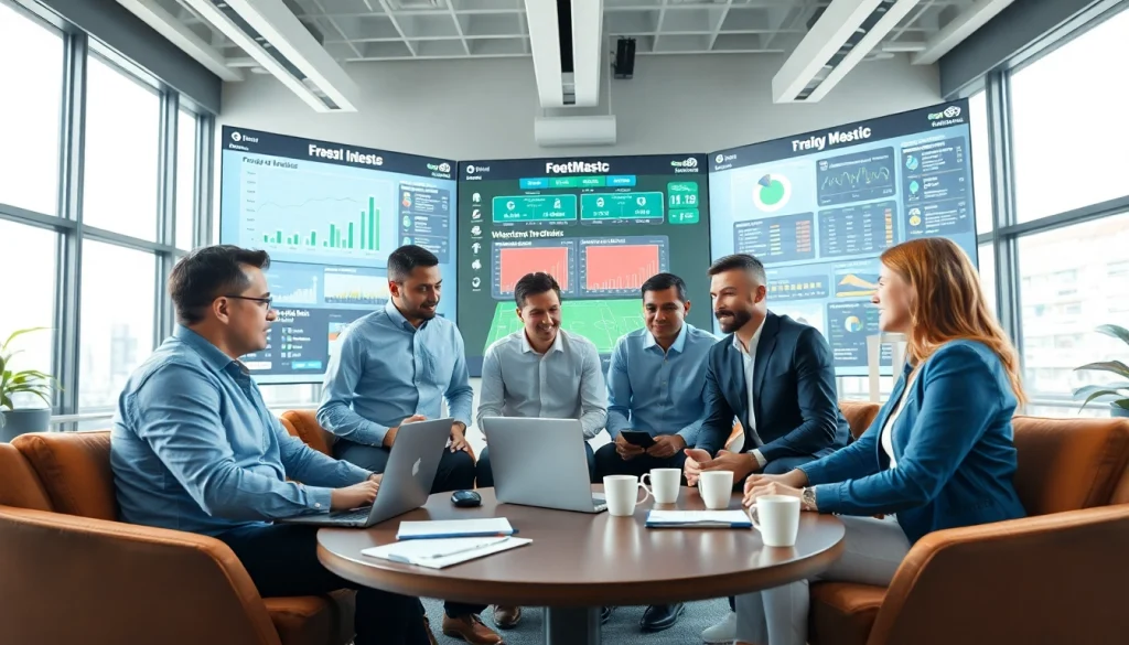 Analyze บ้านผลบอล with a modern office scene depicting football analysis and strategy.