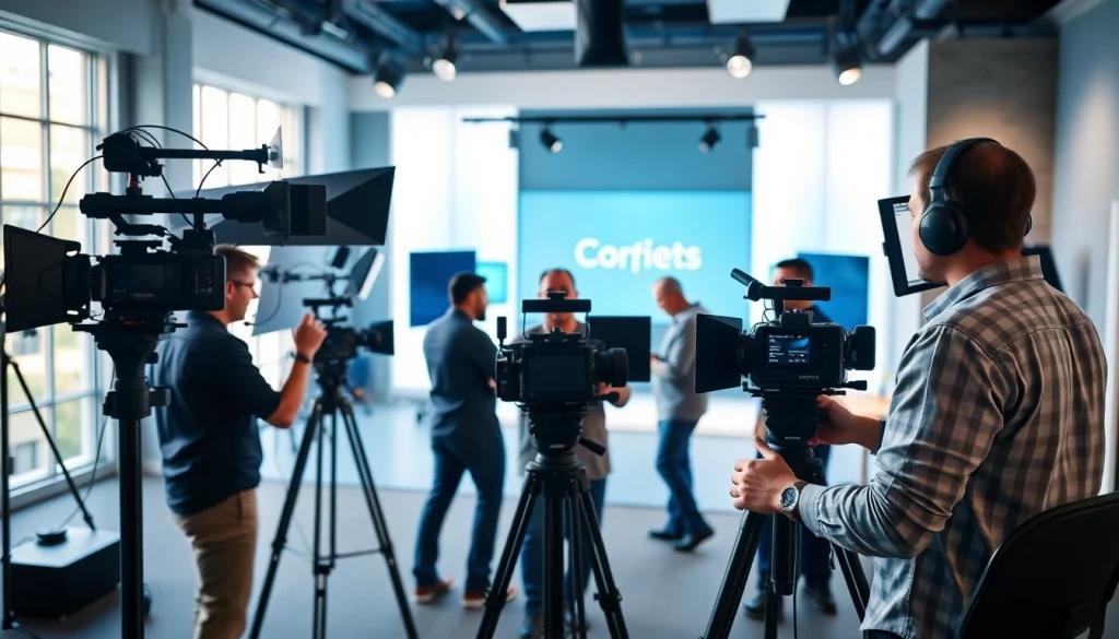 Showcasing corporate video production Calgary with a professional video team working in a modern studio environment.