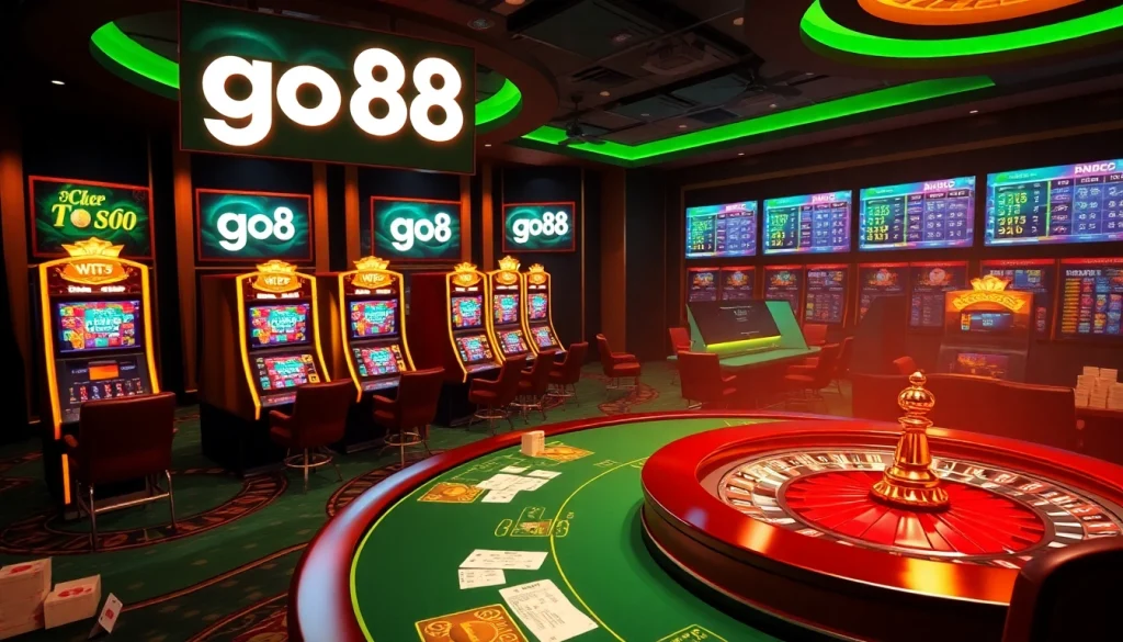 Players betting on go 88 with vibrant slot machines and roulette wheels in a luxurious casino setting.