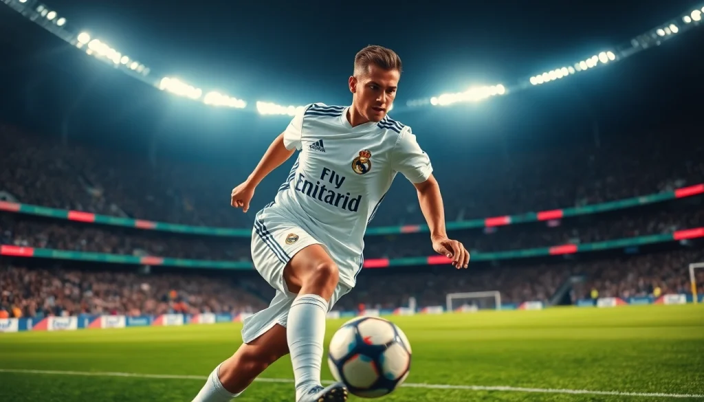 เรอัลมาดริด นักฟุตบอลมีสติในการแข่งขันฟุตบอลในสนาม.