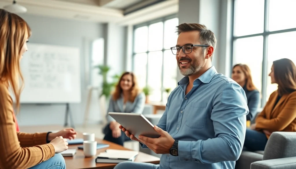 Engaging session with a business coach near me fostering collaboration in a bright office.