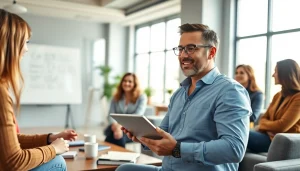 Engaging session with a business coach near me fostering collaboration in a bright office.