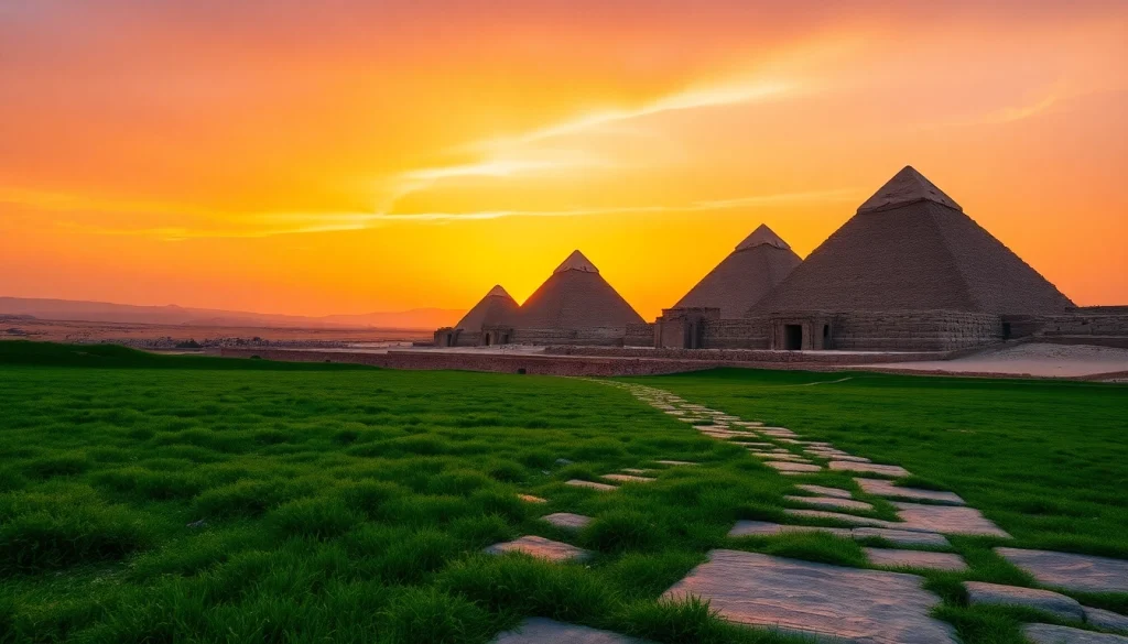 Visual representation of https://piraminds.com/ showcasing the stunning Giza pyramids at sunset.