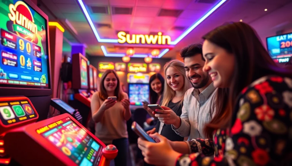 Exciting gaming scene depicting players downloading tải sun win with vibrant displays and devices.