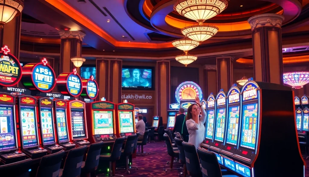 Engaging players enjoying their IDN slot experience in an upscale casino setting with vibrant machines.