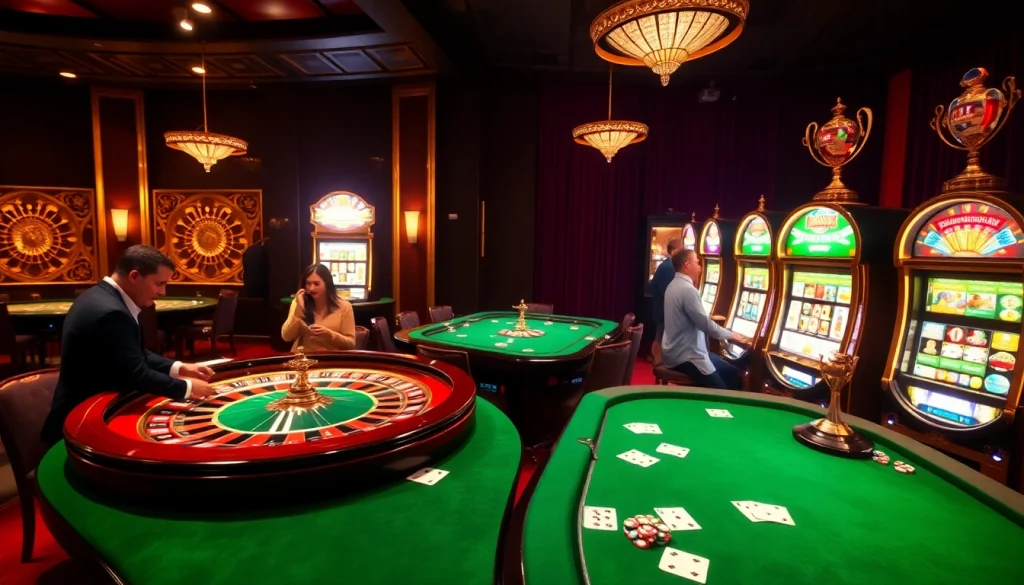 Gamblers enjoying games at BRABET casino, with roulette and vibrant slot machines.