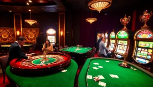 Gamblers enjoying games at BRABET casino, with roulette and vibrant slot machines.