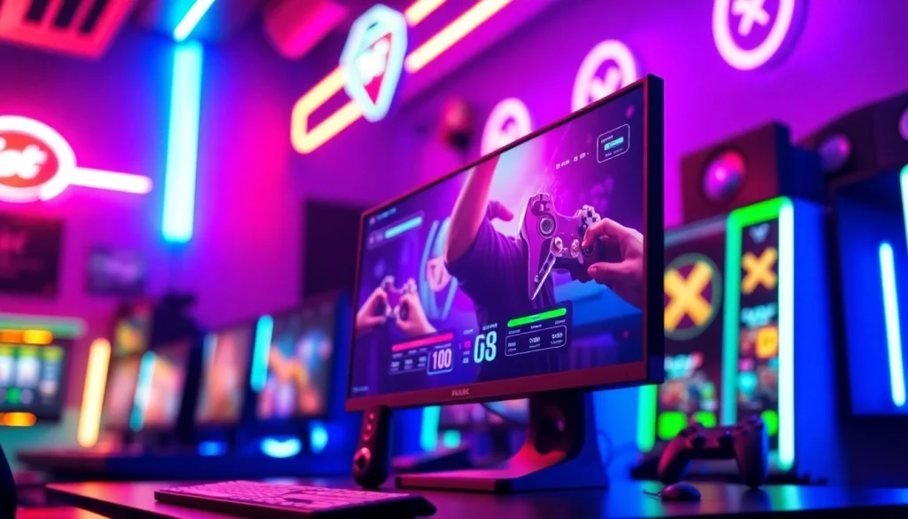 Slot deposit 1000 dikelilingi oleh setup gaming modern dan lampu neon yang menawan.