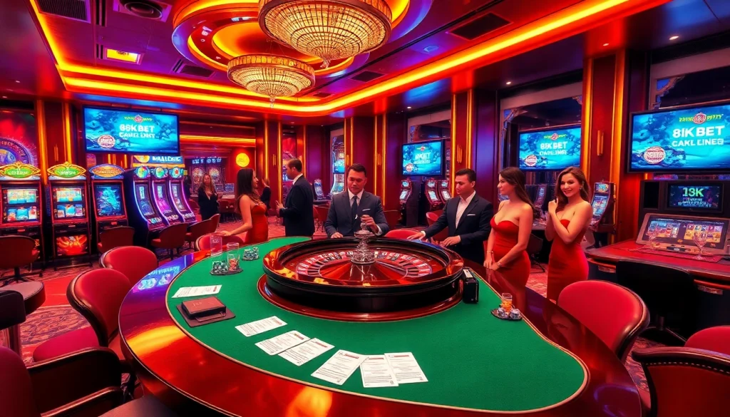 Experience the excitement of 8kbet không chặn with a luxurious casino scene featuring roulette, poker chips, and vibrant slot machines.