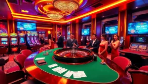 Experience the excitement of 8kbet không chặn with a luxurious casino scene featuring roulette, poker chips, and vibrant slot machines.