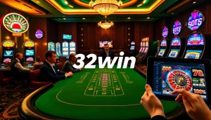 Players enjoying an exciting game at 32win casino with vibrant slot machines and live dealers.