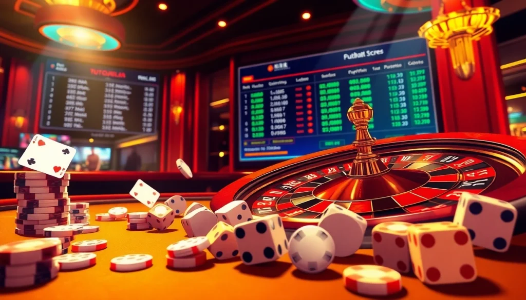 Live football scores (ผลบอลสด) displayed in a luxurious casino with roulette and poker elements.