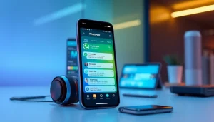 FM WhatsApp download interface showcasing vibrant themes and features in a modern tech setting.