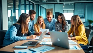 Engaged marketing team at https://marketingifirma.pl/ discussing strategies with laptops and charts.