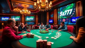 Excited players at a poker table, showcasing 5z777 branding amid colorful chips and cards.