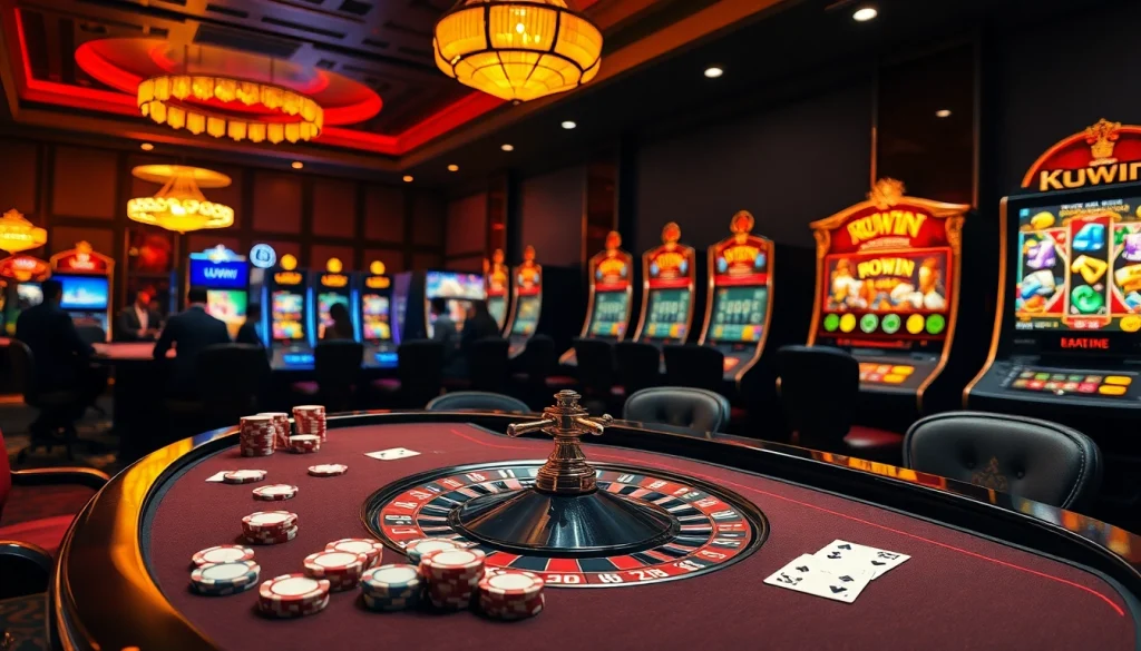 Kuwin casino gaming scene featuring vibrant slot machines and elegant poker tables, evoking excitement.