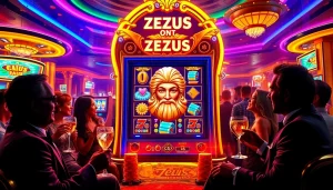 Rasakan sensasi Slot Zeus di kasino mewah dengan elemen permainan yang hidup dan penuh warna.
