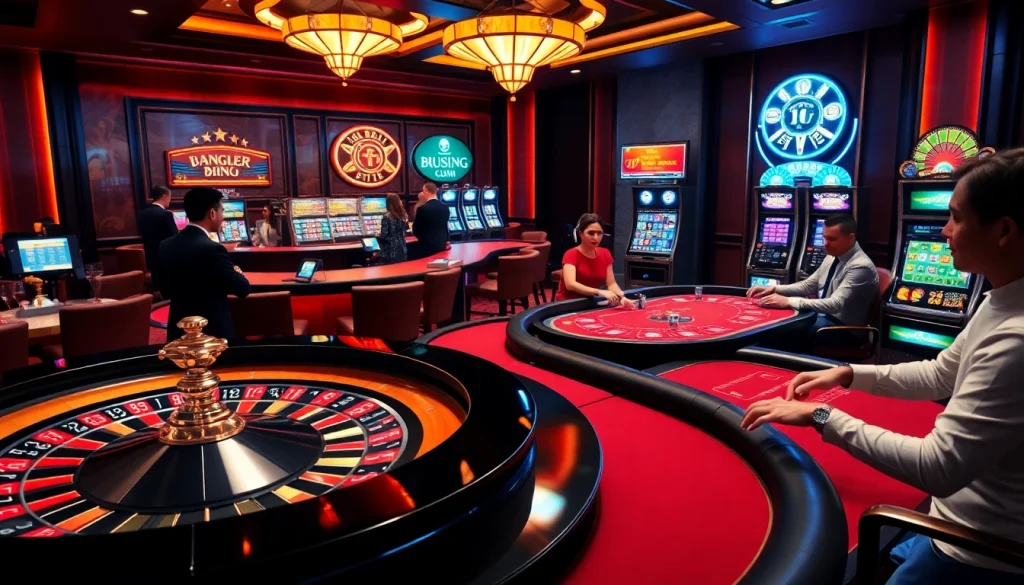 Players engaging in high-stakes poker and roulette at xin88 com casino, showcasing vibrant colors and luxury.