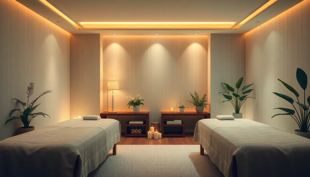 Relaxing 출장안마 spa environment with ambient lighting and massage tables.