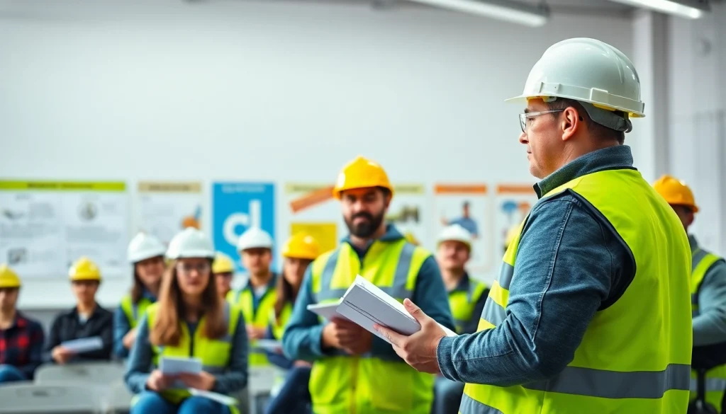 Engaged participants learning about construction safety training with a professional trainer.