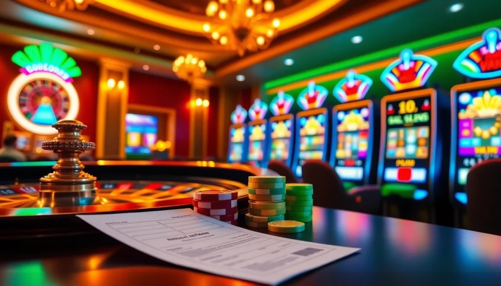 Engage in thrilling gambling at https://okwin68.net/ with an exciting casino scene featuring roulette and slot machines.