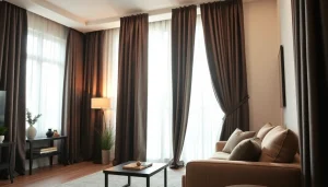 Verduisterende gordijnen sieren een moderne woonkamer, perfect voor privacy en stijl.