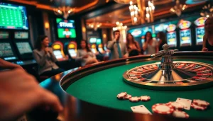 Thrilling casino scene at https://hbbet5.art/ with roulette table, excited players, and vibrant gaming atmosphere.