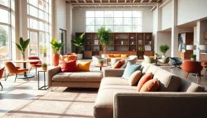 Explore a modern furniture store showcasing sleek contemporary designs in a sunlit, inviting space.