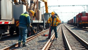 Technicians executing emergency railroad repair services with heavy machinery.