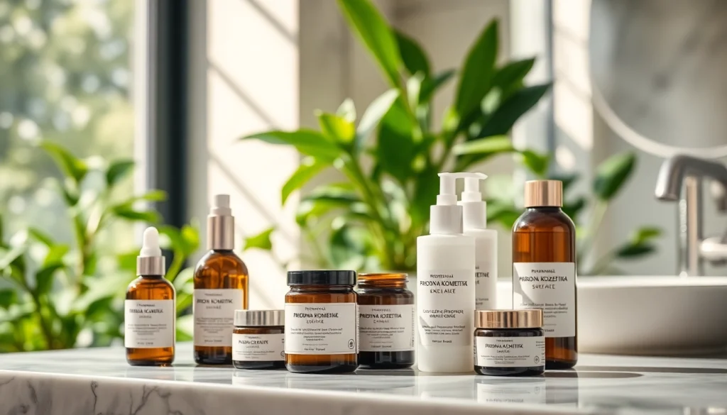 Prirodna kozmetika na elegantnom toaletnom stolu s zelenim biljkama u pozadini.