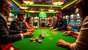 Des joueurs engagés à une table de casino en ligne luxueuse avec des jetons de poker et des cartes vibrantes.