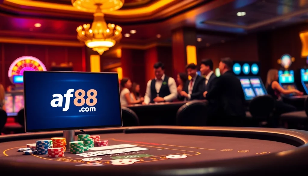 Engaging online gambling scene with the af88 com logo, showcasing casino table games and happy players.