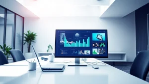 Klynt digital platform interface displayed in a modern workspace environment.