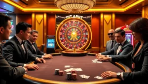 Melibatkan pemain dalam permainan situs poker dengan taruhan tinggi di lingkungan kasino yang cerah.