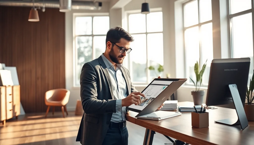 Projektowanie wnętrz online w nowoczesnym biurze z designerskimi akcesoriami.