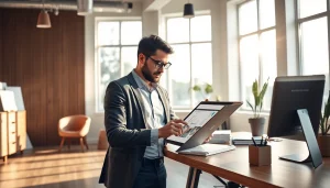 Projektowanie wnętrz online w nowoczesnym biurze z designerskimi akcesoriami.