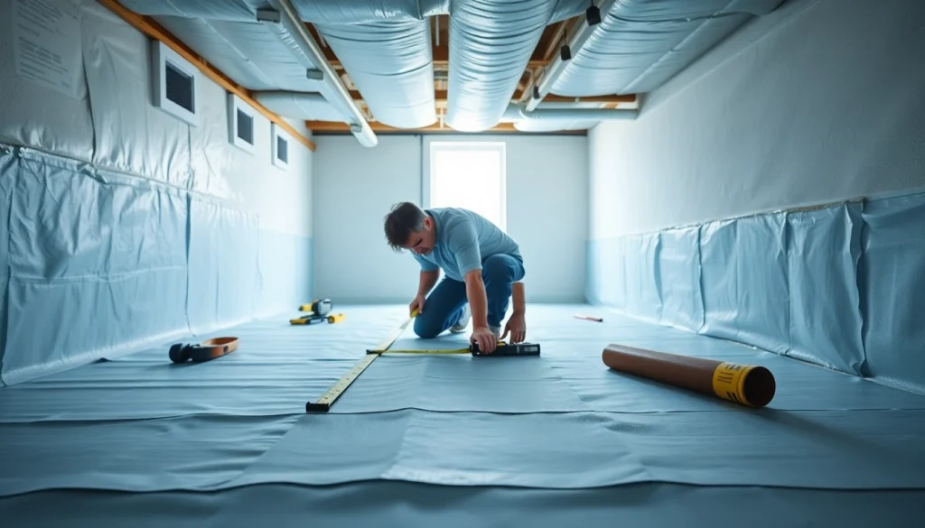 Vapor Barrier Installation process demonstrated by a professional in a residential setting.