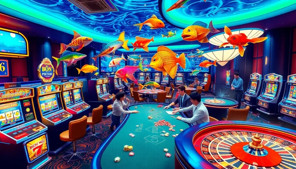 Engaging bắn cá đổi thưởng game scene showcasing vibrant fish and dynamic gameplay in a lively casino atmosphere.