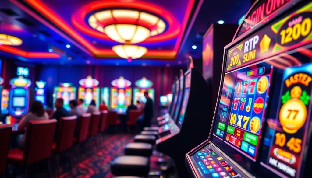 Engaging RTP slot machine in a vibrant casino gaming lounge.