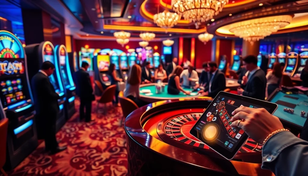 Atmosphère excitante dans un casino en ligne avec des machines à sous vibrantes, des tables et une roue de roulette.