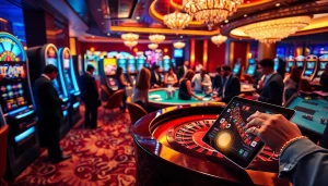 Atmosphère excitante dans un casino en ligne avec des machines à sous vibrantes, des tables et une roue de roulette.
