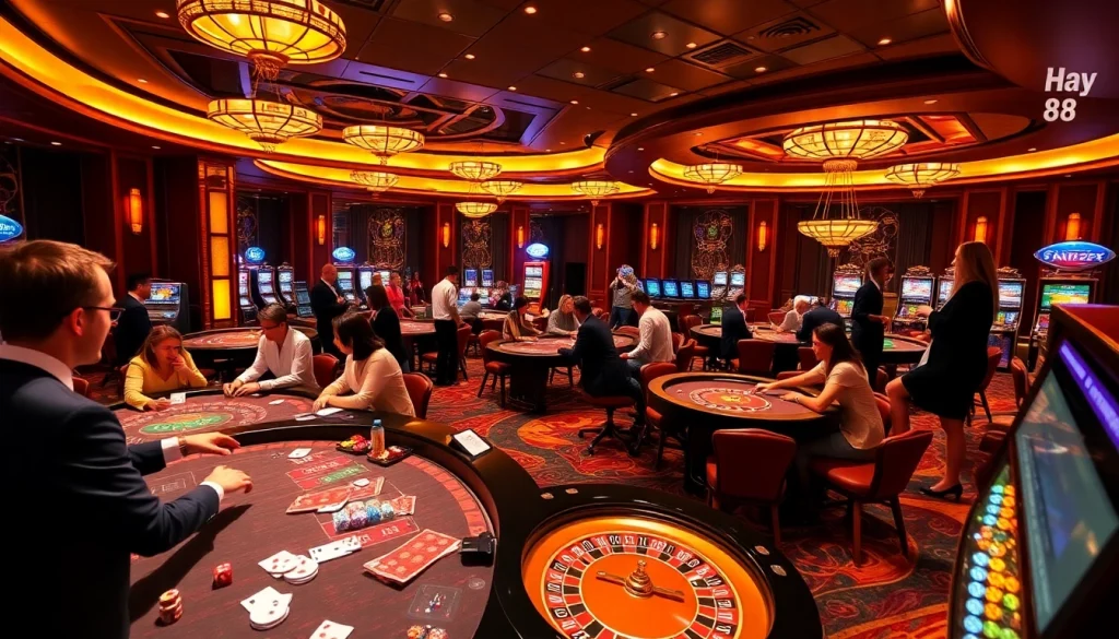 Exciting casino atmosphere with players at Hay88 tables and vibrant betting elements.