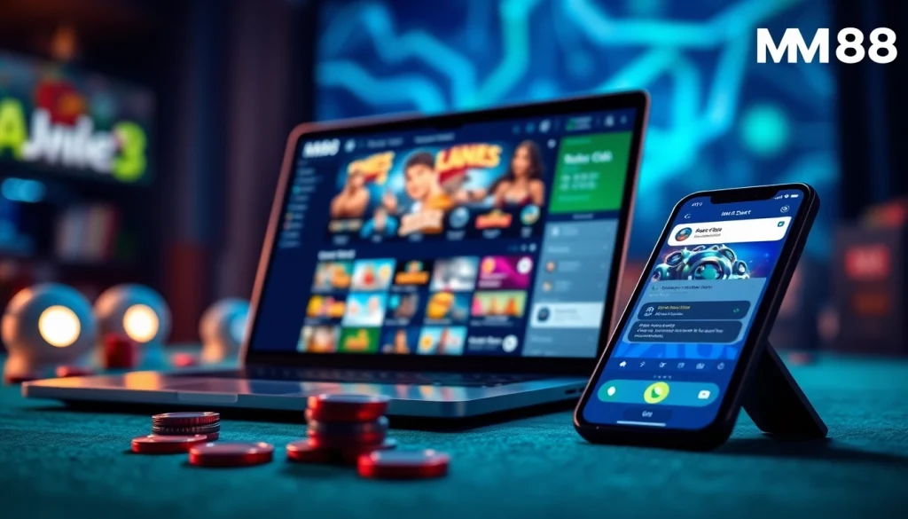 Interactive MM88 gaming platform displayed on devices, showcasing user-friendly interface and security features.