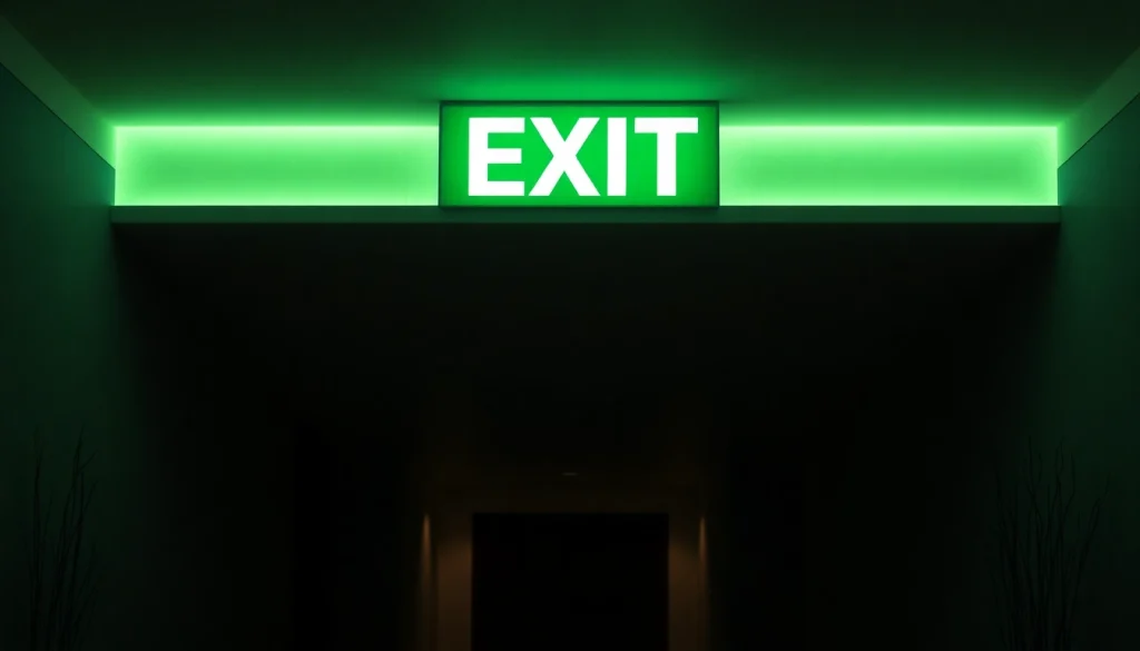 Bright photoluminescent exit sign guiding safe evacuations in a dark corridor.