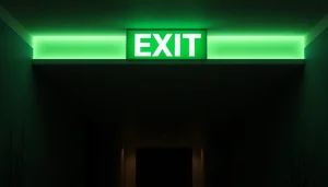 Bright photoluminescent exit sign guiding safe evacuations in a dark corridor.