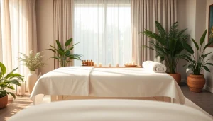 편안한 색상과 자연 요소가 있는 고요한 스파 환경에서의 편안한 스웨디시 마사지 설정.