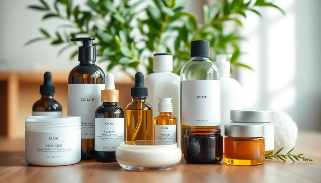 Prikaz prirodne kozmetike sa različitim proizvodima na drvenom stolu.