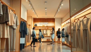 スタイリッシュなリカバリーウェアと活気あるショッピングの雰囲気を示す仙台 BAKUNE 店舗。