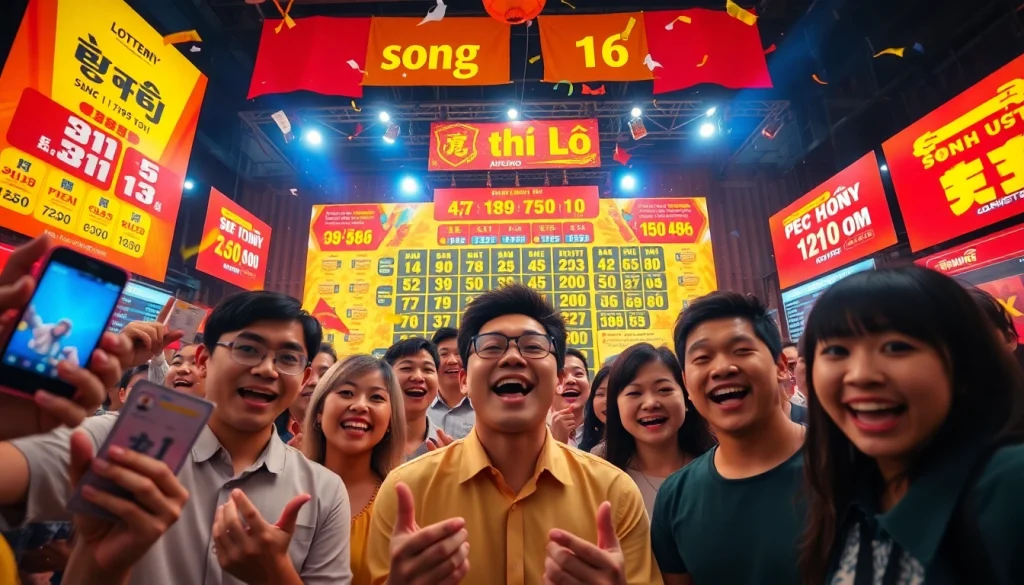 Vibrant lottery scene illustrating Song thủ lô excitement with joyful participants and colorful displays.
