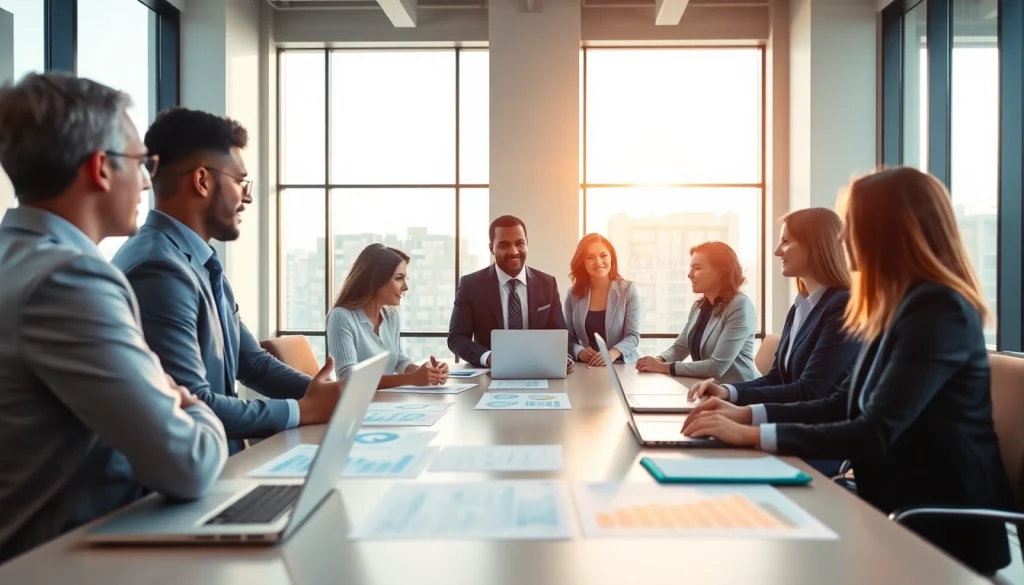 Engaged team discussing Federal and State contracts pre-post award compliance in a modern office.